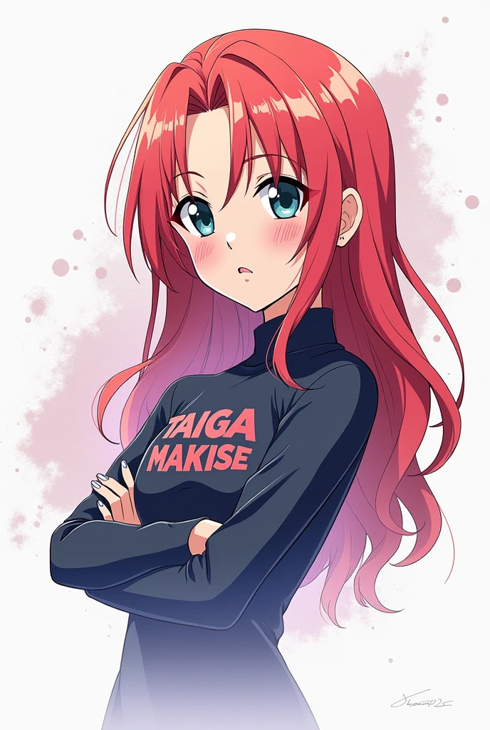 anime girl with red long hair and black shirt posing for a picture, Generate an image of Erza Scarlet from 'Fairy Tail' dressed in the Karasuno High School volleyball team uniform from 'Haikyuu!!', complete with the number 1 on her jersey. She should be standing confidently on a volleyball court."