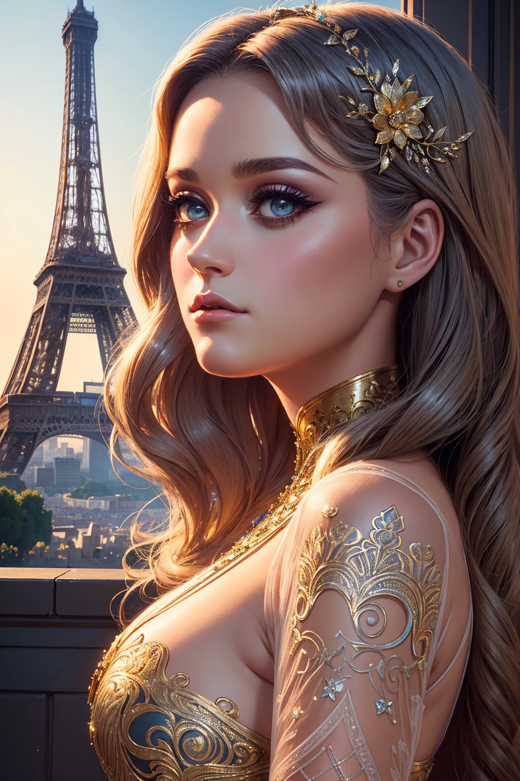 portrait Britney Spears, wearing nude breasts cinderella tiara costume, against the background of the Eiffel Tower, character portrait, 3 9 9 0 s, long hair, intricate, elegant, highly detailed, digital painting, artstation, concept art, smooth, sharp focus, illustration, art by wlop, charlie bowater and alexandra fomina, 36k