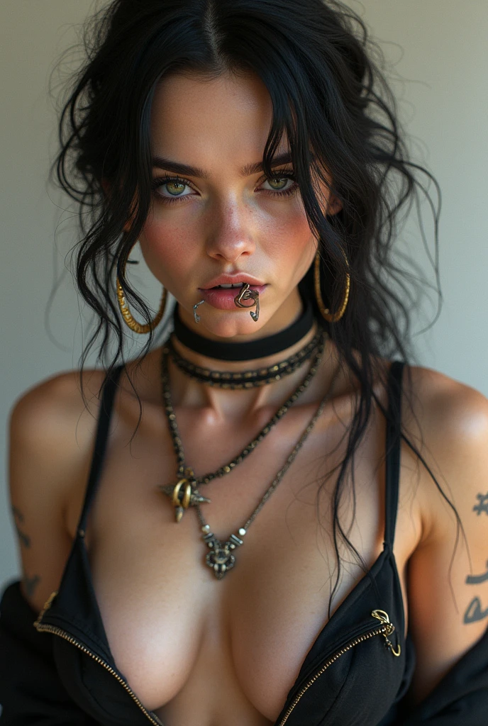 Girl with latin appearance, with pronounced busts, big neckline, wearing an elegant red dress, with a tattoo on the chest, emo style hair look, with a spiked collar around his neck.