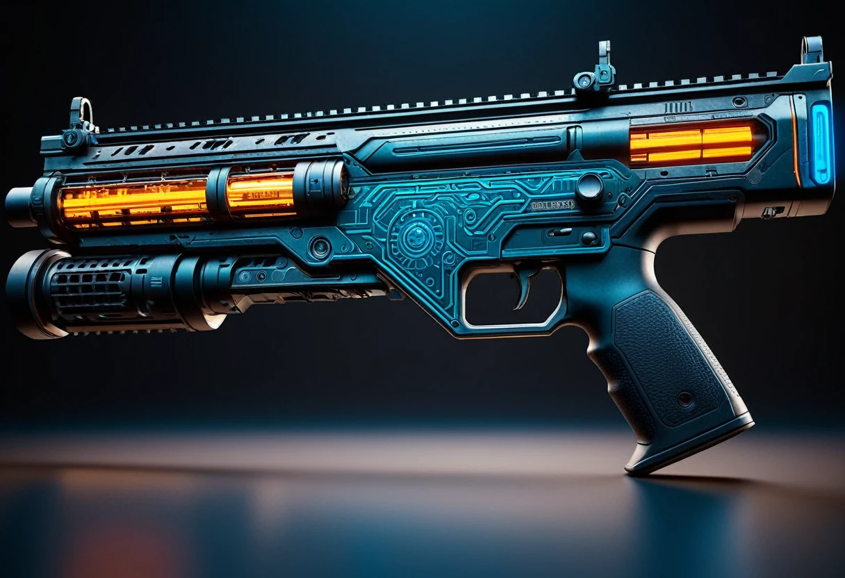 An exceptionally detailed and vibrant futuristic cyberpunk rifle in stunning 4k resolution, showcasing intricate mechanical parts. Created using Octane Render and Unreal Engine technologies, this visually complex masterpiece is praised for its high-quality professional imagery. The rifle is rendered in ultra-high resolution against simple backgrounds, enhancing its visually striking aesthetic.