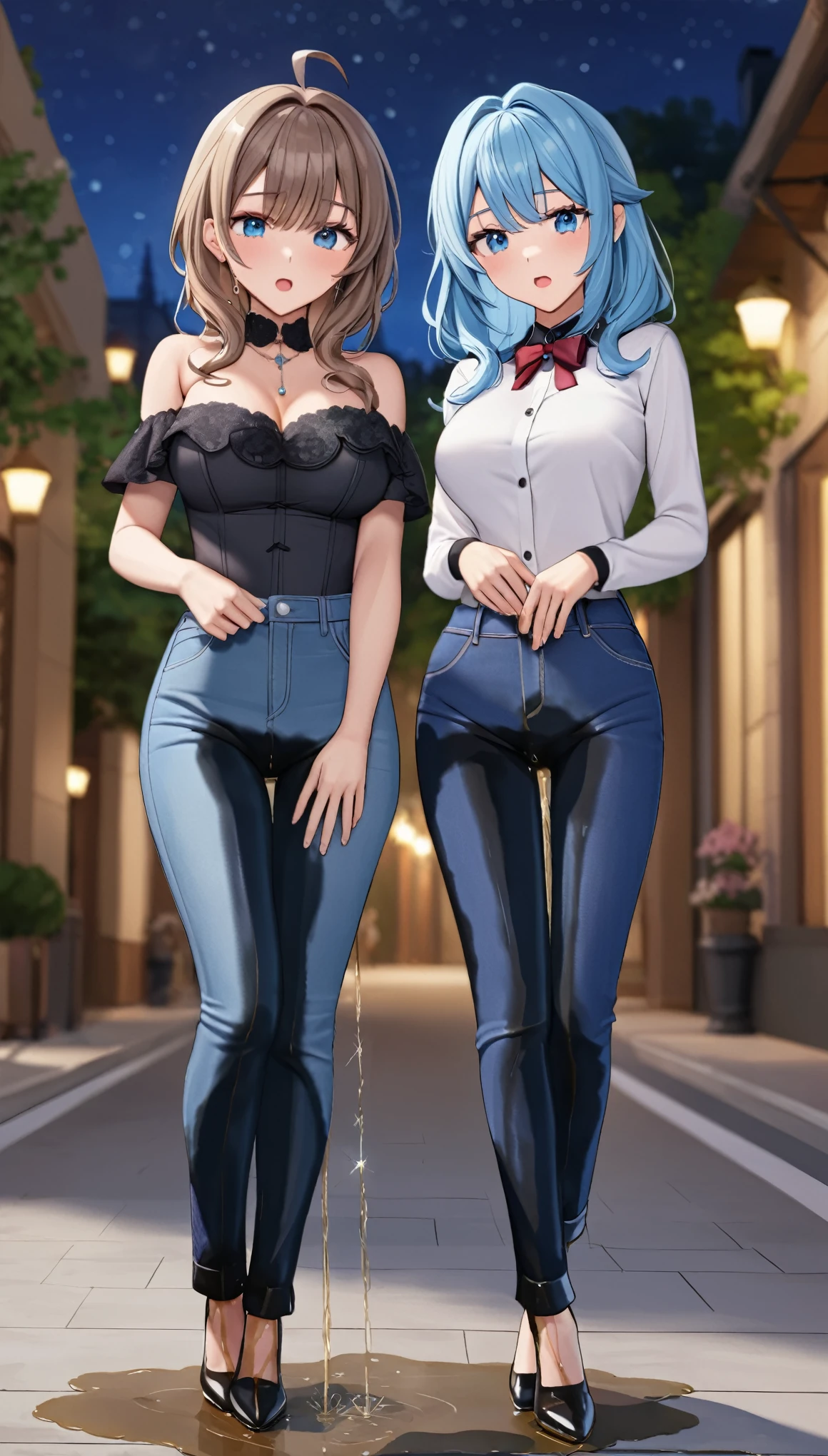 best quality, (masterpiece),(ultra-detailed), (high quality), (high resolution), (2heads:1.5) (blonde long hair), (black hair) (huge breasts), cleavage, full body,best quality:1.5, highres, UHD, 4K), smiling, ((purple tank top)), ((full body)), detailed blue eyes (mature woman), casual dress, sexy proportions, black long pants, thighs, Beautiful girl with accentuated slender abs, eyeshadow