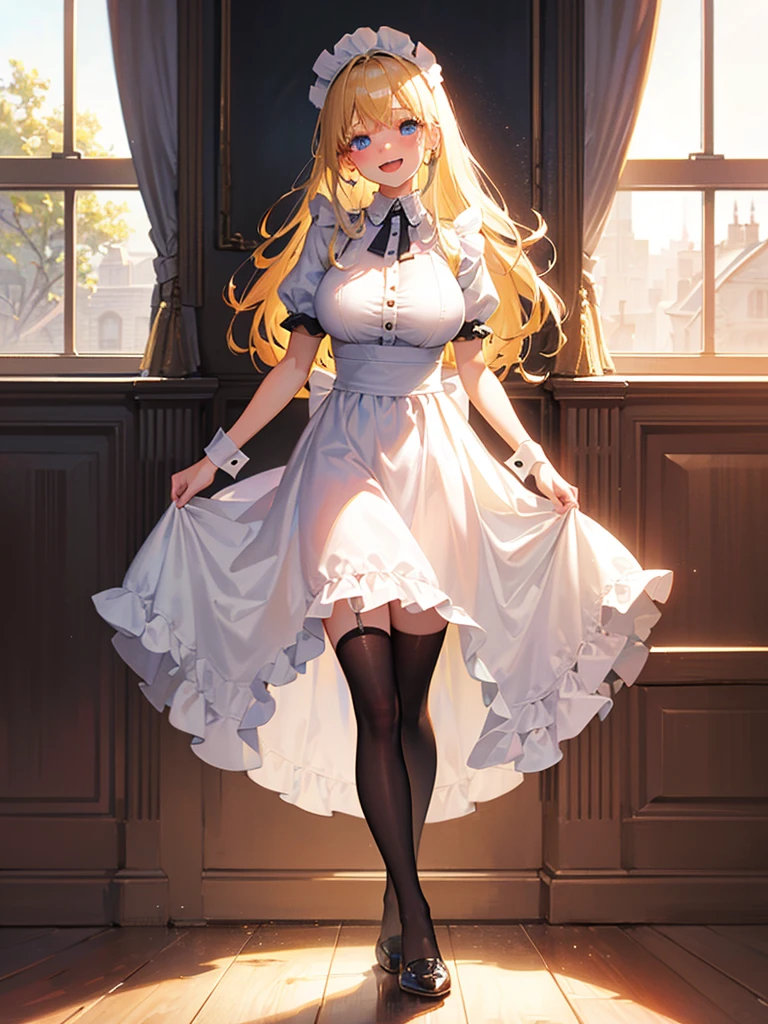 ((masterpiece) (((((Highest quality))))((High resolution))))), Very detailed, Ultra-realistic, 、blonde)、、、city、building、、(、Embarrassed face、、teeth 、Face looking back、From below、((Low Angle))、Maid、garden、No sleeve、Cowboy Shot、White panties