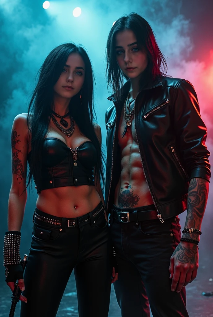 (((((Mulher))))), (((Rockeira))), (((lip piercing))), (((Large flare on lobes))), Roupa cyberpunk na cor preto e branco, Jaqueta de couro, (((Cabelo azul no estilo emo girl))), medium breasts, pulseira com spikes, brass knuckles necklace, (((black background wall with the writing SENTIINEL in capital letters in red and letters similar to the cover of a metal band)))), ((Torn pants)), ((((tattoos on arms and face))))