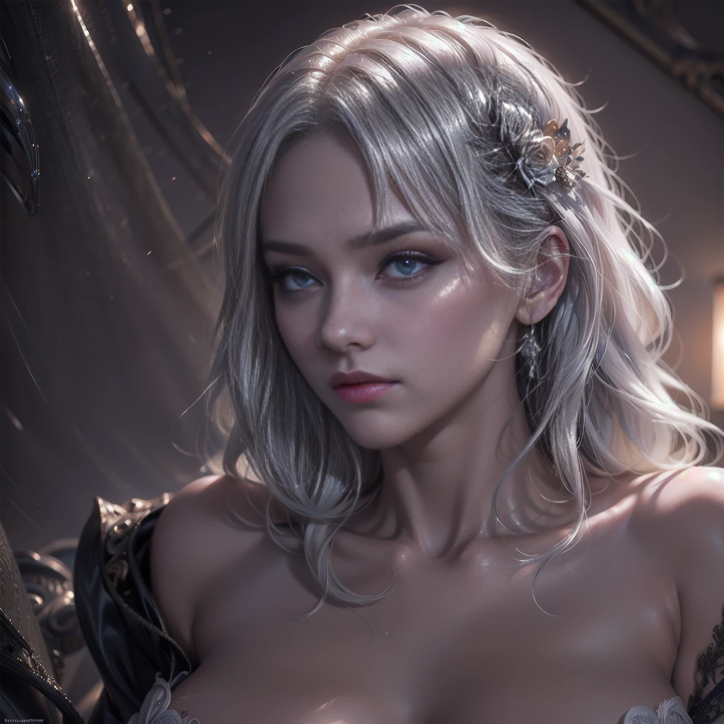 1woman, solo, 18years old, long wavy platinum-white hair, beautiful detailed face, detailed purple eyes, pale skin, rounded lactating breasts, detailed vagina, detailed vulva, detailed hymen, sexual fluids, female orgasm, highly detailed, photorealistic, masterpiece, 8k, hyperrealistic, volumetric lighting, chiaroscuro, dramatic lighting, cinematic lighting, dramatic shadows, ultra-detailed, artstation, concept art, digital painting, oil painting, hyper realistic, extremely detailed, intricate details, realistic rendering, cinematic composition, dramatic pose, sensual, erotic, intimate, delicate, ethereal, surreal, fantastical