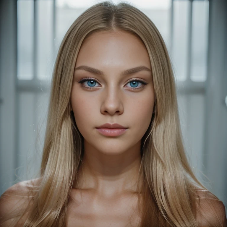 European top-model, young, skinny, tall, big lips, blue eyes, snub-nosed, long hair, random pose, on a bright random background. Captures her perfectly flat chest in a tasteful and artistic manner. The image is a beautifully rendered portrait that showcases the subject's youthful charm and poise in exquisite detail, making it a stunning work of art.