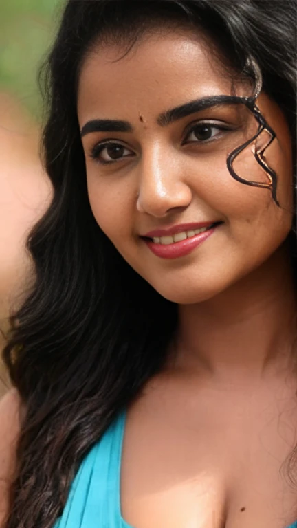 Anupama , slim and sexy woman, with free frizzy hair, in limgerie , selfie point of view, long face, close up,cleavage and navel