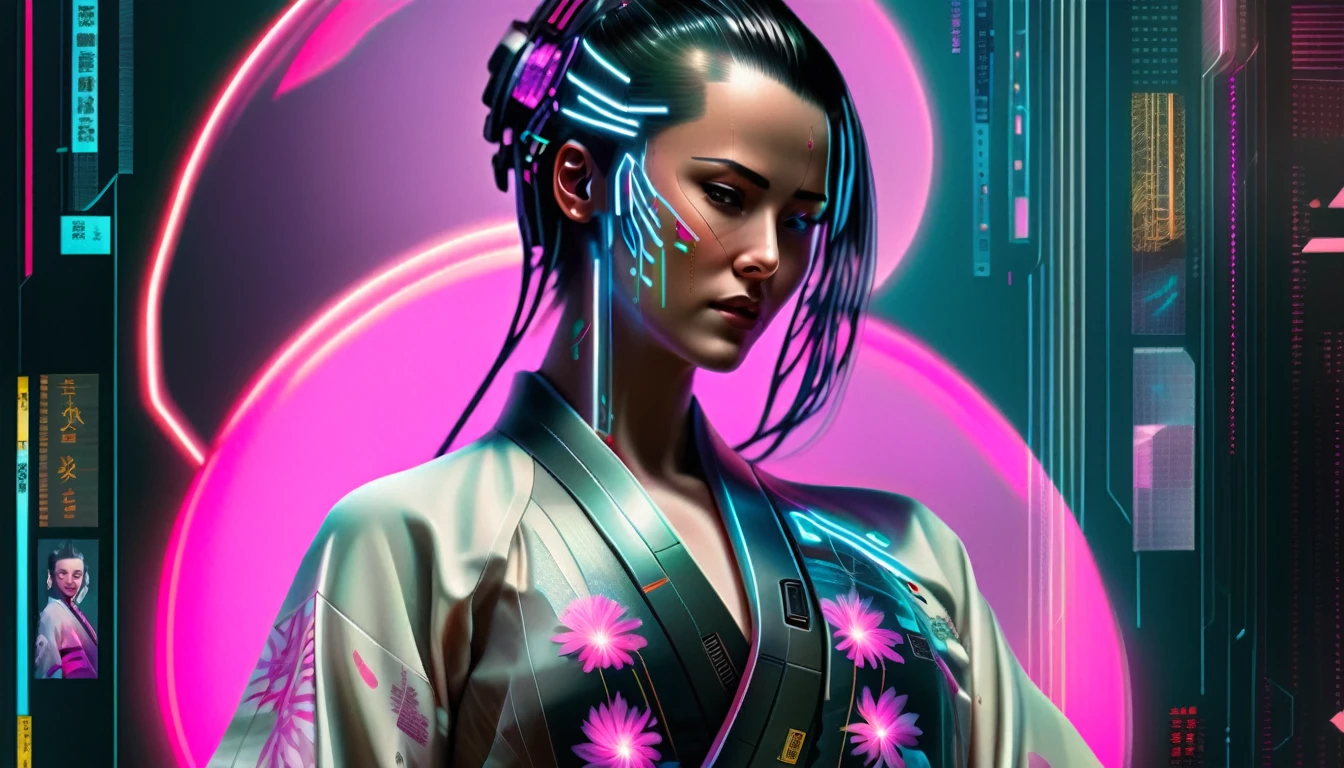 cyberpunk graphics, (( a cyberpunk 2077 character, fashion  ))A serene Japanese woman in a modern kimono, her hair subtly glowing with fiber-optic strands, surrounded by soft AI-generated visuals and data points.