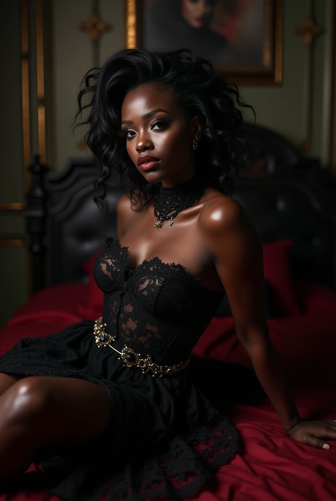 Realistic portrait of Danai Gurira, a talented --old ye, born under the sign of Aquarius, sensitive and delicate, black a graceful height of 1,70 meters and a weight of 56 kilograms. She enchants everyone with her unique beauty, her fair skin and brown eyes accentuate her delicate features, which are enhanced by her long and silky black hair. 87 bust, 63 waist, 90 hips.She is wearing a red lace dress with a plunging neckline and a slit, an elegant and alluring garment. The red color brings a sense of passion and intensity, and the lace adds a touch of delicacy and sophistication, providing an interesting contrast with the vibrant red. The slit in the dress adds a hint of boldness and subtly reveals her legs, giving a sensual and elegant touch, creating an attractive and provocative appearance. The neckline partially showcases her beautiful breasts. The high-heeled shoes elongate her silhouette, giving her an elegant and confident posture, adding even more glamour and sophistication to a refined and seductive look. The setting is a studio designed with a white background, providing a neutral and versatile canvas. The soft and elegant lighting spreads throughout the space, creating a pleasant and welcoming atmosphere. The soft tones of light highlight the forms and elements with subtlety, providing a sense of sophistication to the well-lit environment and an elegant aesthetic. The studio lighting consists of three types of lights: the main light, the backlight, and the fill light. The focus is on the shoulders and hands, highlighting expressive gestures, capturing the essence of emotions and messages, making the image more engaging and impactful, adding depth and meaning, red lips, chromatic aberration abuse, UHD, retina, masterpiece, ccurate, anatomically correct, textured skin, super detail, high details, high quality, award winning, best quality, highres, 1080P, HD, 4K, 8k, 16k --q 5