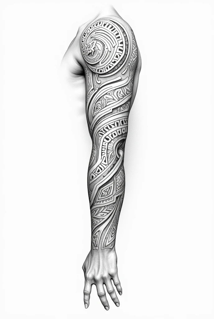 Tattoo design for my right arm that combines a tribal style with runic elements. Here are the specific details for the image:

Tribal Design: Use thick, flowing lines that form geometric patterns, extending along the arm from the shoulder to just before the wrist. The design should follow the natural curvature of the arm to create a harmonious flow..

Rune Integration: Incorporate runes into the negative spaces between the tribal lines. Runes should be elegant and crisp, visible but harmoniously integrated into the tribal pattern.

Balancing Curves and Angles: Combine soft curves with right angles in the design to achieve a visual balance between softness and rigidity..

Asymmetrical Approach: Concentrate the most intricate details on the upper arm, and keep a simpler, cleaner design at the bottom. This should create a dynamic and attractive effect..