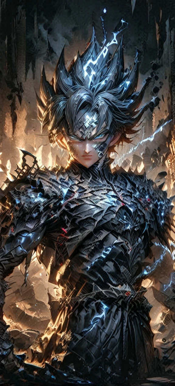 High quality, ultra realistic,absurdres, highres, ultra detailed, HDR, masterpiece, extremely detailed face and eyes, Sagitarius Seiya, Saint Saiya , Dark Armor, solo, ,man, handsome, ,white eyeleshes, black eyes , villain expresion, black splashing effect, dark black lightning effect,glowing glitters , symetrical , black aura