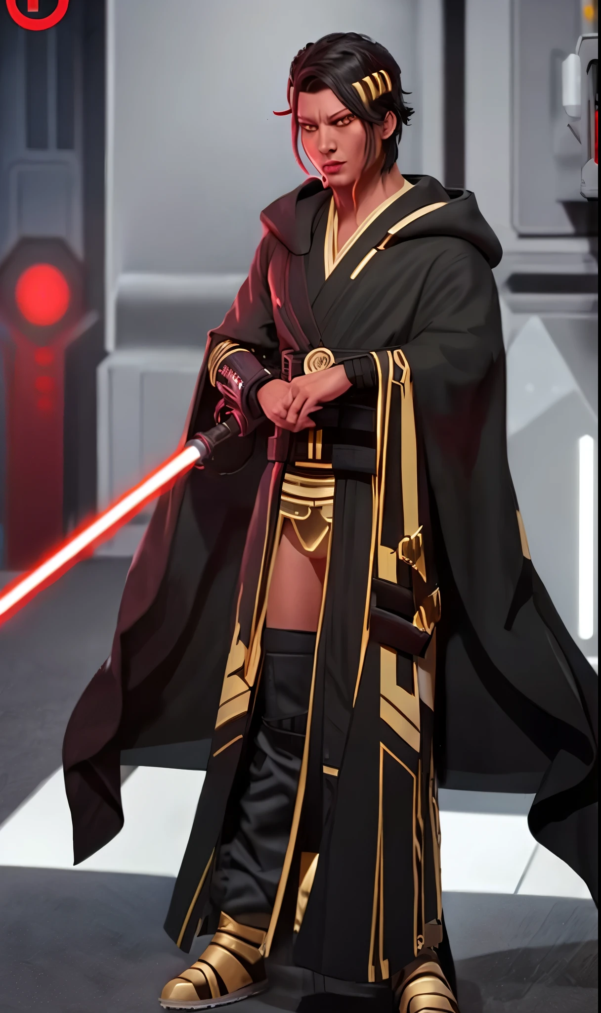 sthp2023, red alien, 1boy, red skin, yellow eyes, gold piercings, face tentacles, black hair, 8k, uhd, best quality, full body, masterpiece, raw image, skin pores, detailed skin, 5 fingers, star wars, cool robes,  A bare chested red skinned sith holding his blaster pistol