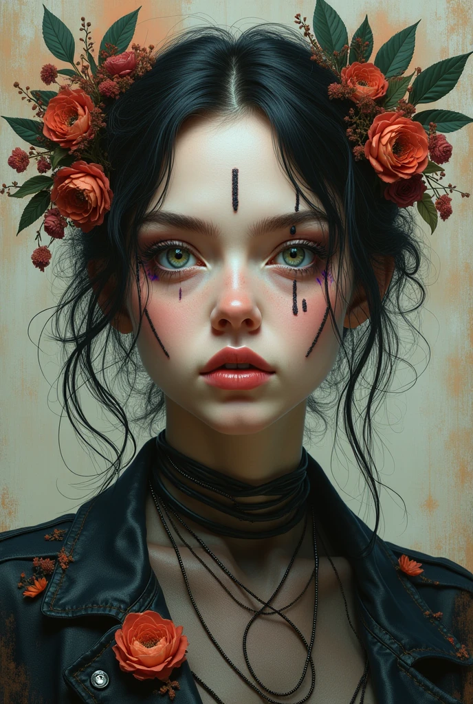I am she who is trapped in a surreal painting where only my face is seen in 3D with feelings of sadness from many accumulated lives. A lot of depth of field highlights my face marked by other lives but the lighting varies. There is no specific one but the reality that is seen is impressive. Every detail is perfectly done. In these realities there are no flowers. . The message I want to convey is that there are other realities, very real, detailed 3D, of this reality with lies. , 48k uses the rule of thirds bright colors fantastic expression gothic