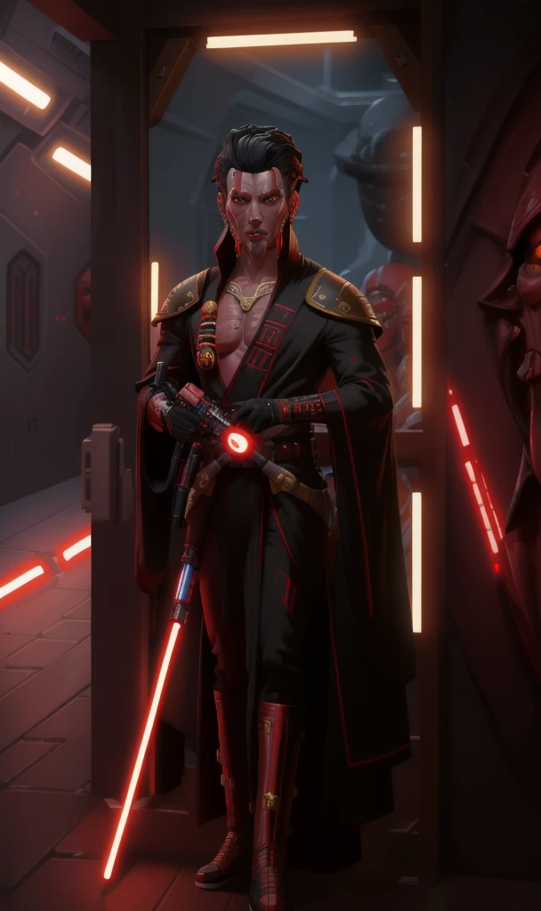 sthp2023, red alien, 1boy, red skin, yellow eyes, gold piercings, face tentacles, black hair, 8k, uhd, best quality, full body, masterpiece, raw image, skin pores, detailed skin, star wars, cool robes,  A bare chested red skinned sith holding his blaster pistol