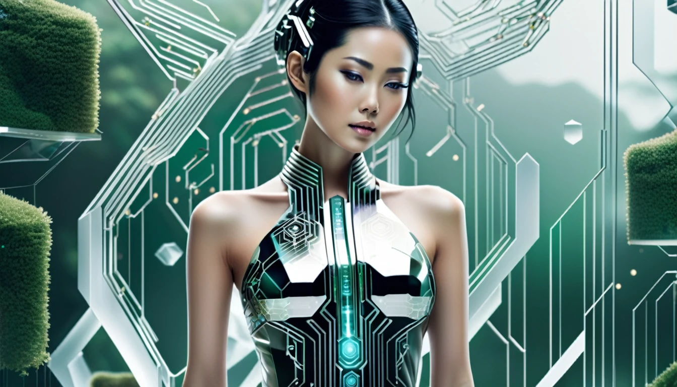 A stylish Japanese woman with metallic accents in her outfit, delicate AI circuitry visible on her skin, set in a futuristic Zen garden with floating data cubes.