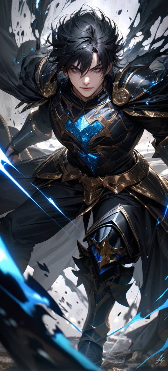 High quality, ultra realistic,absurdres, highres, ultra detailed, HDR, masterpiece, extremely detailed face and eyes, Sagitarius Seiya, Saint Saiya , Dark Armor, solo, ,man, handsome, ,white eyeleshes, black eyes , villain expresion, black splashing effect, dark black lightning effect,glowing glitters , symetrical , black aura