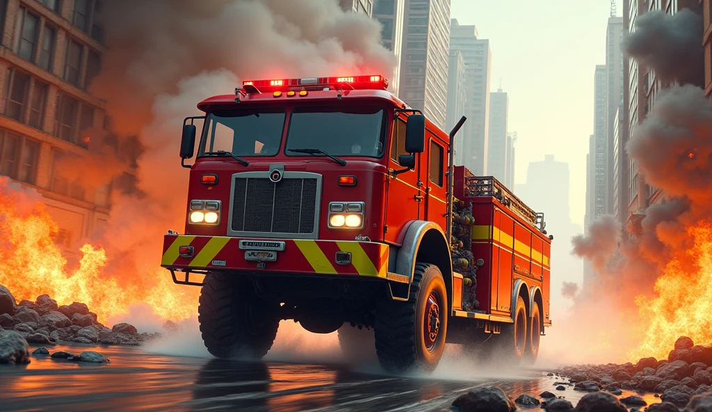 In an ultra-detailed and hyper realistic depiction, a colorful Lego bricks firefighting team is seen putting out a raging inferno. The bright lights illuminating the scene cast cinematic shadows and reflections on the intricately designed Lego structures. Each brick is rendered with vivid colors and sharp focus in this highres masterpiece (best quality: 1.2, 4k, 8k). The fire Truck and its team members are photorealistically modeled, their faces and uniforms showing every minute detail, making the scene a true visual spectacle.