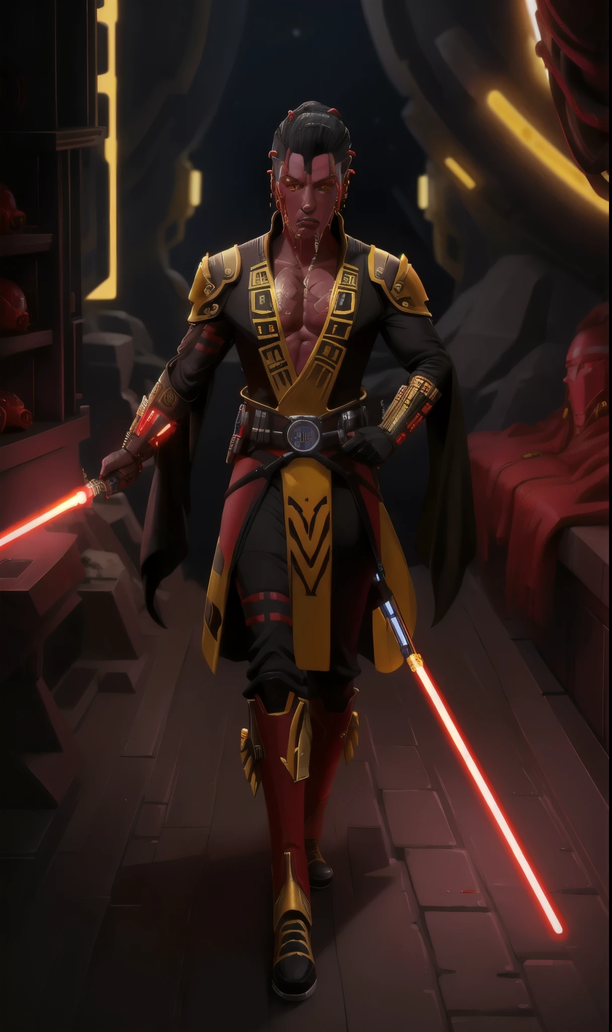 sthp2023, red alien, 1boy, red skin, yellow eyes, gold piercings, face tentacles, black hair, 8k, uhd, best quality, full body, masterpiece, raw image, skin pores, detailed skin, star wars, cool robes,  A bare chested red skinned sith holding his blaster pistol