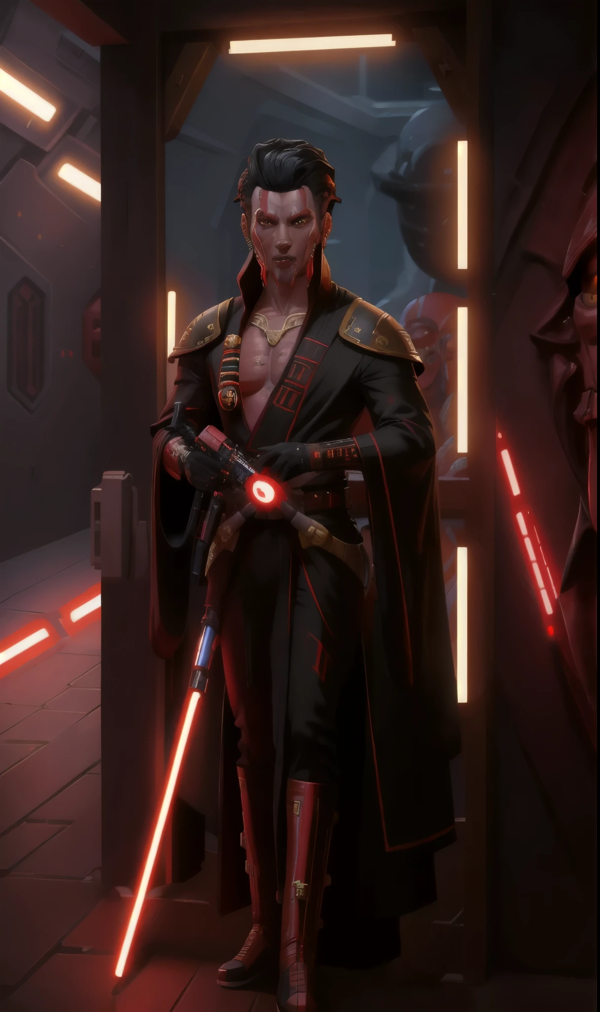 sthp2023, red alien, 1boy, red skin, yellow eyes, gold piercings, face tentacles, black hair, 8k, uhd, best quality, full body, masterpiece, raw image, skin pores, detailed skin, star wars, cool robes,  A bare chested red skinned sith holding his blaster pistol