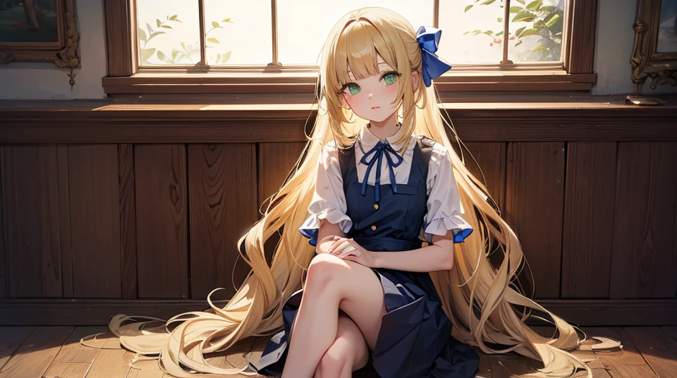 ((masterpiece,Best quality, High resolution)), 1 woman, Alone, Green eyes, Long blonde hair tied with a blue ribbon, blunt bangs, seat, Cross one&#39;s arms on the table, Sleep with your arms crossed, , white angel, Red Sailor Necklace, short sleeve, White pleated skirt, (in library), dramatic light, Next to the window, afternoon light through the window, afternoon, Bokeh effect