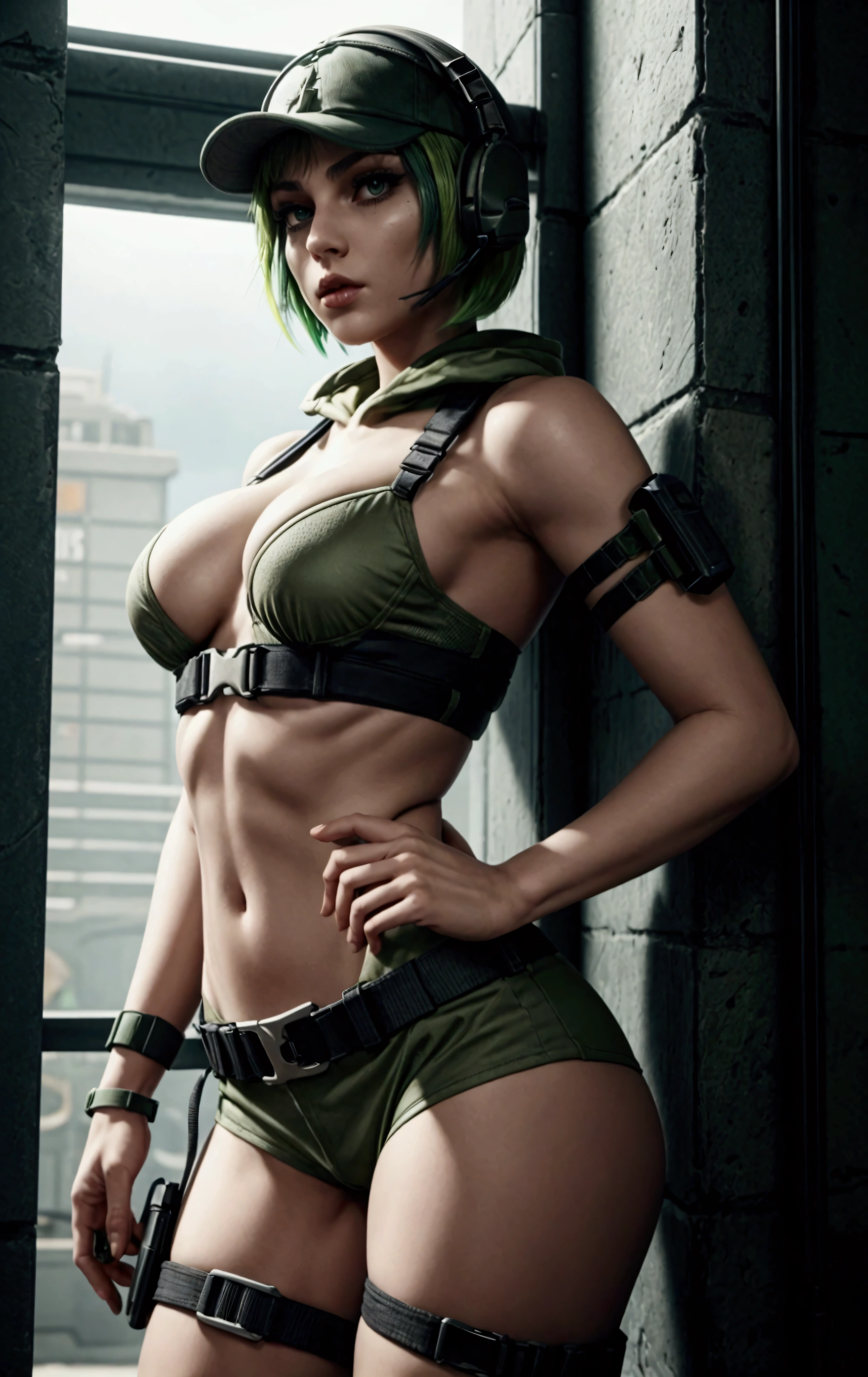 ela rainbow six siege, green short hair, cap, tactical headphones, belts, straps, tight cloth, sexy pose, thin narrow waist