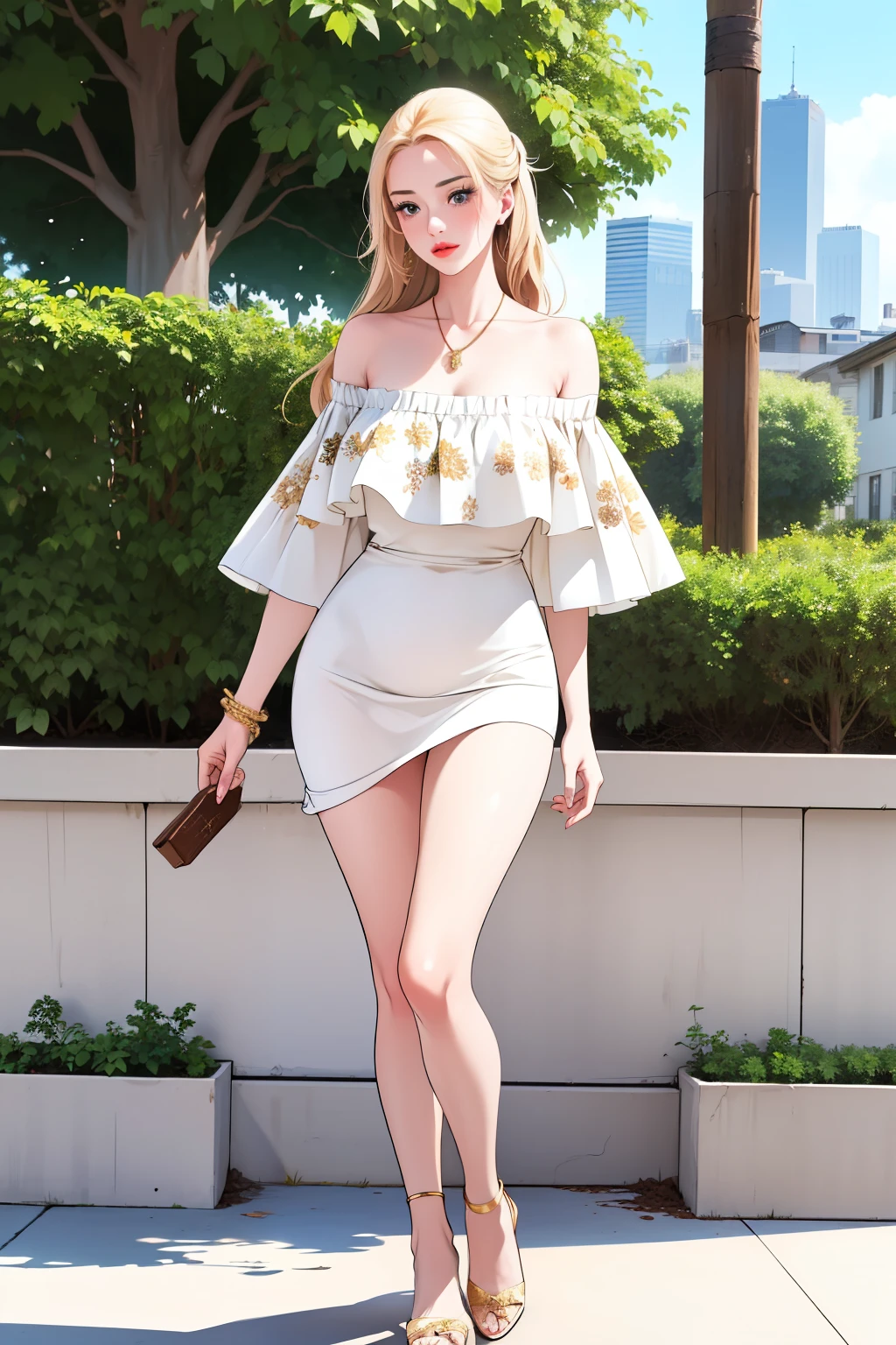 An extremely beautiful stunning woman with a perfect busty body, gold blonde long silky hair, big blue eyes, extremely super bright snow white fair stunning flawless glowing lush shiny flawless white skin, a perfect tight hourglass figure, and a skinny waist, sexy thick smooth luscious legs, and thighs, extremely cute smile on the face, bright pink blushes on cheeks, wearing a tight knee-length white floral dress, pink off-shoulder sweater, yellow heels, gold necklace on the neck, gold anklets on feet, gold chain on the waist, standing straight, holding a chocolate bar, garden in the background, show full body from head to feet.