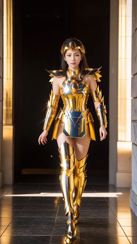 Ultra-high saturation（tmasterpiece，（best qualtiy）， （1girll,  Wearing shiny gold armor，saint seiya armor, cancer armor, walking at the Ancient Greek, uhd, 8k