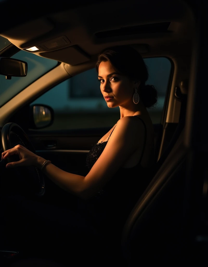 Araki woman in the car at night,The background is lighting, sits in her car, taken with canon eos 5 d mark iv, lighting her with a rim light, portrait shooting, shot on a Canon EOS R5, shot on canon eos r 5, taken with canon 5d mk4, auto photography, Lights on, mid shot portrait --auto