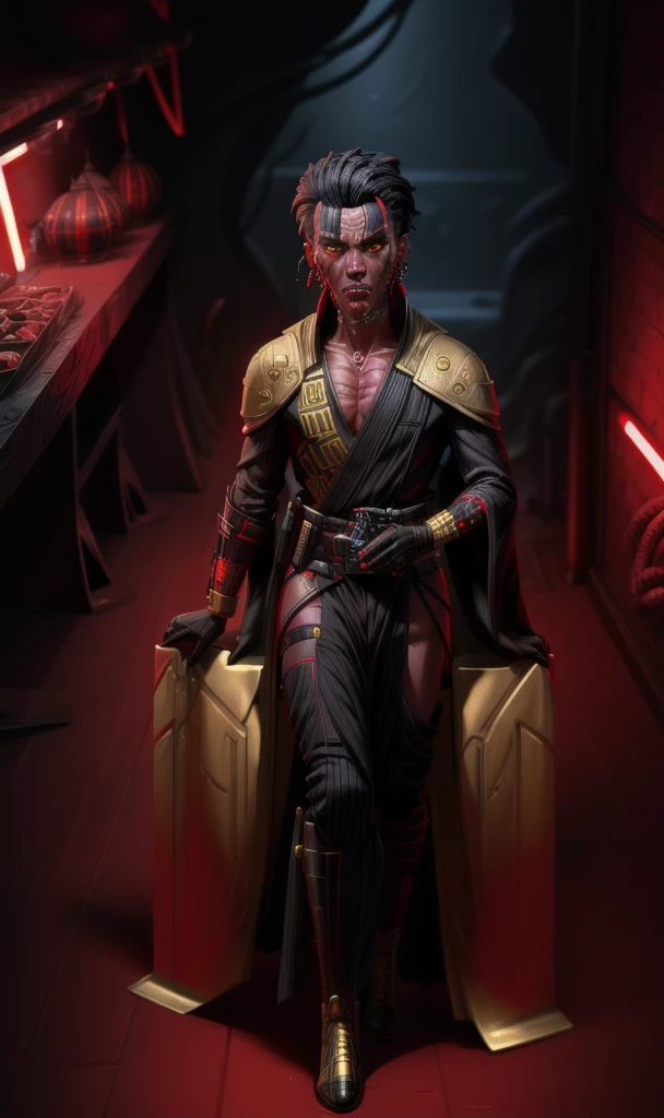 sthp2023, red alien, 1boy, red skin, yellow eyes, gold piercings, face tentacles, black hair, 8k, uhd, best quality, full body, masterpiece, raw image, skin pores, detailed skin, star wars, cool robes,  A bare chested red skinned sith holding his blaster pistol