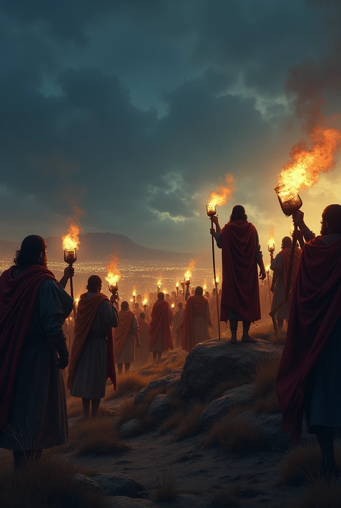 Oil painting, there is a man burning chaff at the stake, another man carries wheat to the warehouse in the background of the image, epic biblical representation, 8k uhd, cinematic lighting, high quality, --s2