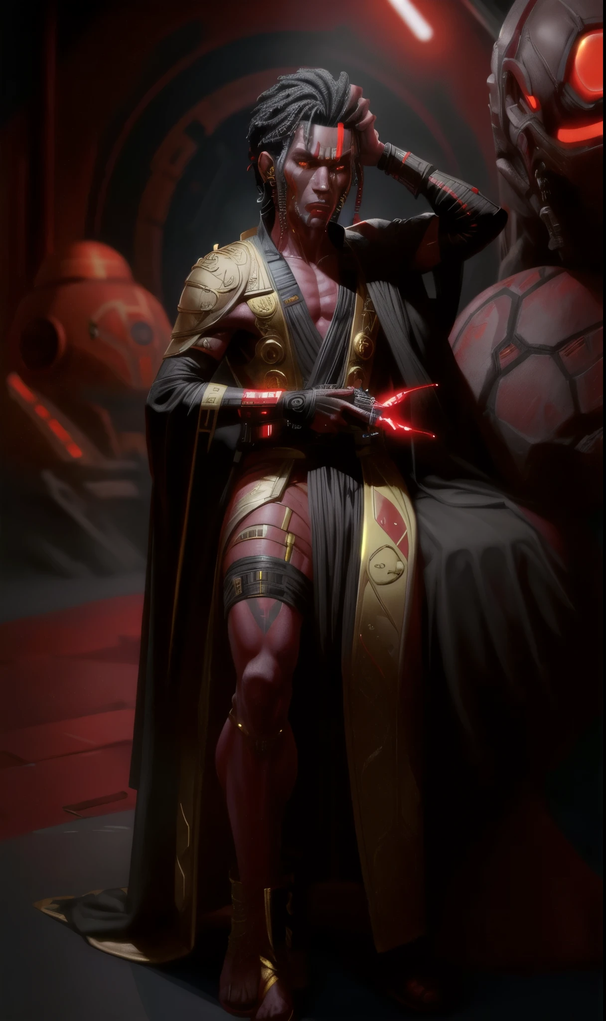 sthp2023, red alien, 1boy, red skin, yellow eyes, gold piercings, face tentacles, black hair, 8k, uhd, best quality, full body, masterpiece, raw image, skin pores, detailed skin, star wars, cool robes,  A bare chested red skinned sith holding his blaster pistol