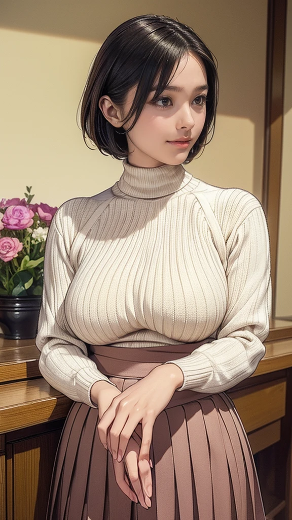 Beautiful 40 year old woman, short hair, black hair, serious face, small nose, best quality, masterpiece, very big tits, natural tits, (with more clothes), wiew from the front