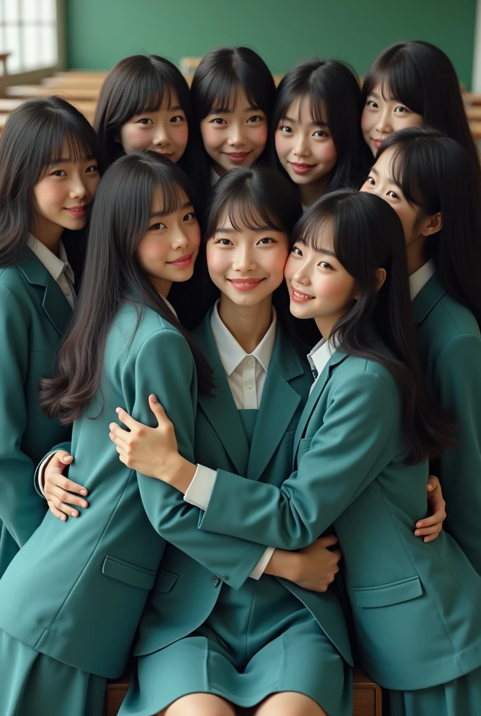 Creates a group of 4 girls in the 1950's With pink jackets and in a school
