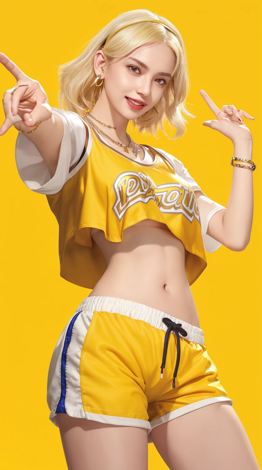 /imagine prompt: ((Princess Golden 🥹🥹)) cute face ,((sport body)) ((detailed yellow eyes,)) long Bubble ponytail hair color creme, light umber skin,(( transparent sunglasses)), despair black croptop(( tshirt ))and Track BurlyWood cargo pants gold crown,