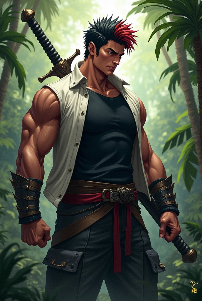 Best quality, masterpiece, ultra high res,detailed background,realistic,illustration,Expressionism,1boy,solo,mature male,muscular,facial hair,high ponytail, scar,tattoo, bandages, pants, green magic, forest, reflection,volumetric lighting,depth of field,