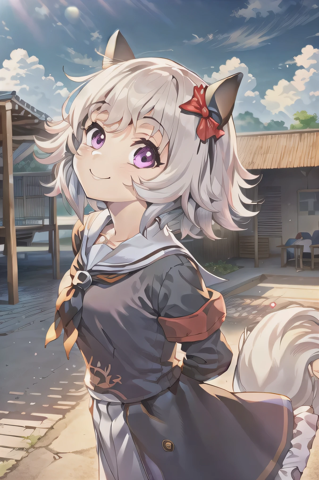 (((masterpiece))), ((Highest quality)), (Very detailed), ((High resolution)), ((8k)), ((Anatomically correct)), One very cute girl, ((Karen Chan)), , (Young face), short hair, Silver Hair, Letting down your bangs, Charming smile, Pink eyes, Best moment, Delicate arms, Detailed skin texture, Intricate details, Very detailedな顔, Looking up, In the schoolyard in the morning, Love your audience, (heart), The whole body is visible, (Smiling at the audience), Beautiful standing posture,