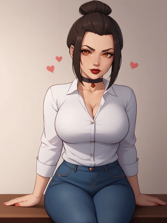 Azula. (a beautiful, young, fair-skinned, amber-eyed and slender girl of medium height. Azula's makeup consists of mascara and red lipstick. Azula also has wavy dark brown hair down to the middle of her back with two additional strands above her shoulders. choker. school uniform. jeans. cardigan. bbw. heart. sitting. school