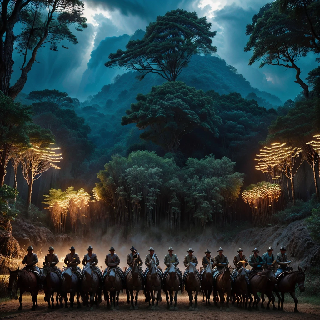 a herd of men riding horses, rigid looks on their faces, traditional Thai dress, dark and terror forest, (best quality,4k,8k,highres,masterpiece:1.2),ultra-detailed,(realistic,photorealistic,photo-realistic:1.37),hyperrealistic,dramatic lighting,cinematic composition,epic scale,vivid colors,sharp focus