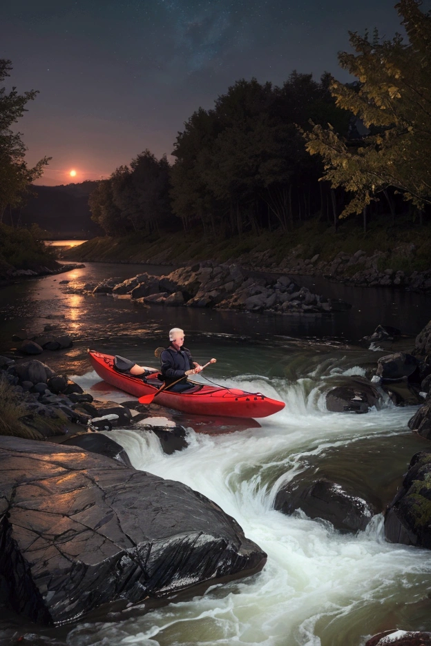 a young man standing by a fast flowing river at night,red kayak,headlamp illuminating the river,(best quality,4k,8k,highres,masterpiece:1.2),ultra-detailed,(realistic,photorealistic,photo-realistic:1.37),detailed facial features,dramatic lighting,moody atmosphere,cinematic,cinematic lighting,dramatic shadows,serene river landscape,dramatic night sky,stars,long exposure долно быть темно и почти ничего не видно фото должно выглядит реалистично и от первого лица на улице ночь ничего не видно 