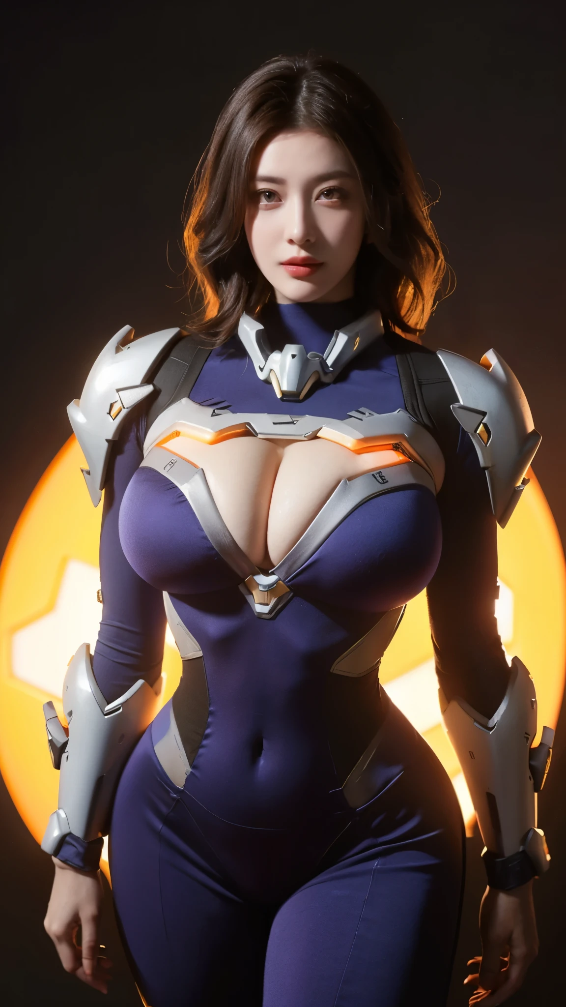 MASTERPIECE, BEST QUALITY, 1GIRL, CLOSE UP UPPER BODY, COWBOY SHOT PORTRAIT, ((WAVY LONG HAIR:1.5)), ((CLEAVAGE, BREAST IMPLANTS/ROUND BREASTS:1.4, HUGE FAKE BREASTS:1.6, 11 LINE ABS ABS:1.5, WIDE HIPS:1.5)), ((WEARING OUTFIT MECHA (LED LINE PURPLE),ORANGE,BLACK SNINY), MECHA ARMOR OVERWATCH:1.5)), ((CURVY MUSCULAR BODY SHAPE:1.5)), ((SWEATING ALL OVER THE BODY)), (GLOSSY BODYSKIN:1.5), (LOOKING AT VIEWER:1.6), (BACKGROUND FUTURISTIC SPACE STATION:1), (PHOTOREALSITIC:1.5), (ULTRA-DETAIL), (TOP-QUALITY), (BEST SHADOWS), BRIGHT LIGHT IN ROOM, HYPER TEXTURE, (4X MSAA), ((UNREAL ENGINE 5 RENDER)), (NEON), PHYSICALLY-BASED RENDERING, ULTRA HIGHT DEFINITION, 16K, DSLR,  1080P.