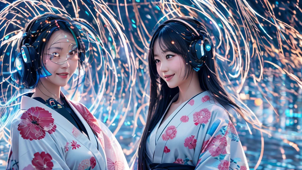 A serene Japanese woman in a modern kimono, smile, her hair subtly glowing with fiber-optic strands, surrounded by soft AI-generated visuals and data points.