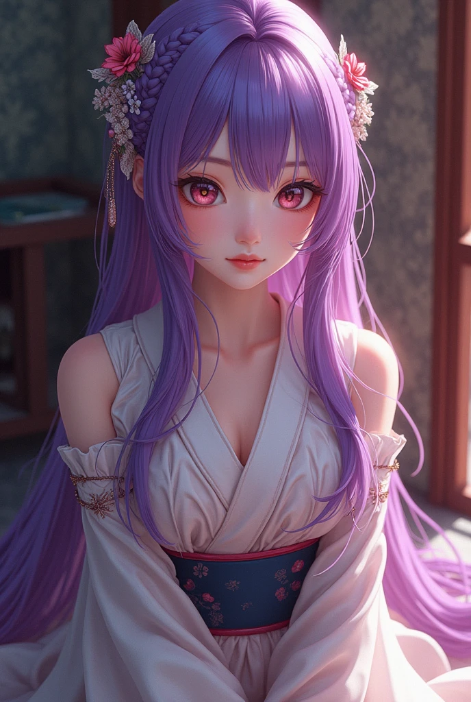 best quality, tmasterpiece, Ultra-high resolution, Clear face, （Reality： 1.4）, perfect lighting,(photorealistic: 1.50), anime wallpaper, Guviz style artwork , fantasy cover up to magic , by Yang J, Guviz, beautiful artwork illustration, beautiful digital artwork, beautiful digital illustration, Li Song, beautiful anime portrait, art style at Beauvot,illustration, ethereal and beautiful, highly detailed, CG, unity, 8k wallpaper, Amazing, fine detail, masterpiece, best quality, official art, highly detailed CG unity 8k wallpaper,absurd, extremely absurd, large file size, highly detailed , high resolution, very detailed,beautiful girl with details, very detailed eyes and face, beautiful detailed eyes,light on the face,cinematic lighting, 1girl, (purple hair:1.3),Raiden General Nice clothes White clothes Blunt bangs Braided (mid chest: 1.4) cleavage Wide sleeves kimono Hair accessories Daily wear (Red belt: 1.4) (light purple hair: 1.4) Very long hair, straight hair, delicate face, cold face, (fine chin: 0.85), the audience stares, beautiful eyes, purple eyes, eye details, (super giant breasts: 1.7), (Sagging breasts: 1.3) Cleavage, exposed chest, Bare chest, Deep background room, (standing), (full body:1.5),