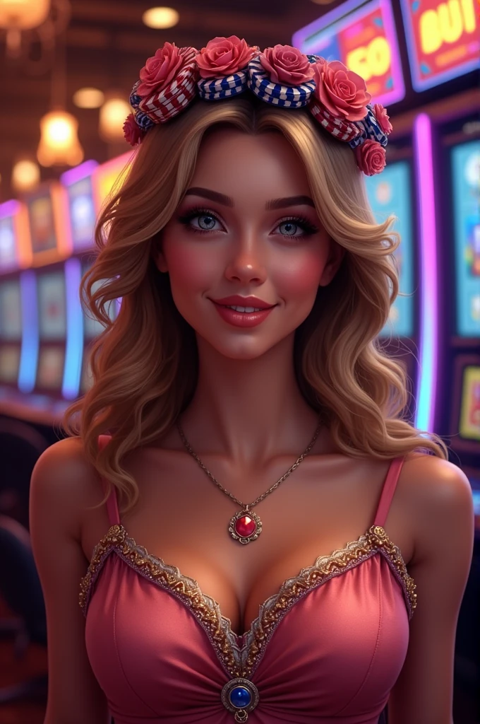 a young girl winning big at the slot machines in a Las vegas casino, jackpot, joy, beautiful detailed eyes, beautiful detailed lips, extremely detailed eyes and face, long eyelashes, blonde hair, smiling, excited, casino interior, flashing lights, slot machines, bright colors, neon signs, photorealistic, cinematic lighting, dynamic composition, vibrant colors, hyper-detailed, 8k, best quality, masterpiece