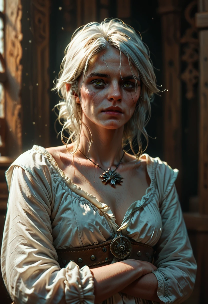 a portrait of a Ciri and Geralt, sitting behind a table, in a old tavern, candles, cup of beer on  a table, at night, looking at viewer, (white shirt:1.2), (foggy background, epic realistic, rutkowski, hdr, intricate details, hyperdetailed, cinematic, rim light, muted colors:1.2)