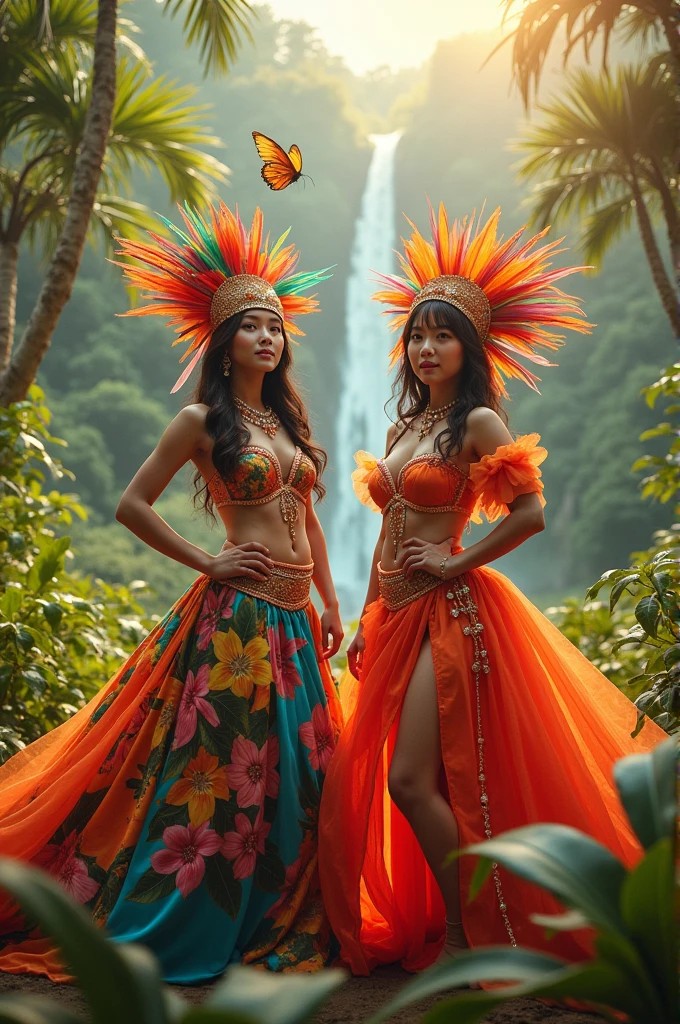 Two women, (20s, Asian, with full bosoms, hourglass figure) are park rangers in the movie Jurassic park, they have stopped to cool off in a jungle stream (They are wearing daring and revealing outfits appropriate to the scene showcasing their confidence and sensual beauty.) The room is filled with colorful LED lights, creating an immersive atmosphere. The walls are adorned with posters of strong sensual women, adding to the overall theme. The women's captivating eyes and luscious lips are meticulously detailed, enhancing their allure. The image quality is top-notch, with ultra-detailed rendering and vivid colors. The lighting in the room is expertly set up, creating dramatic shadows and highlighting the curves of their bodies.