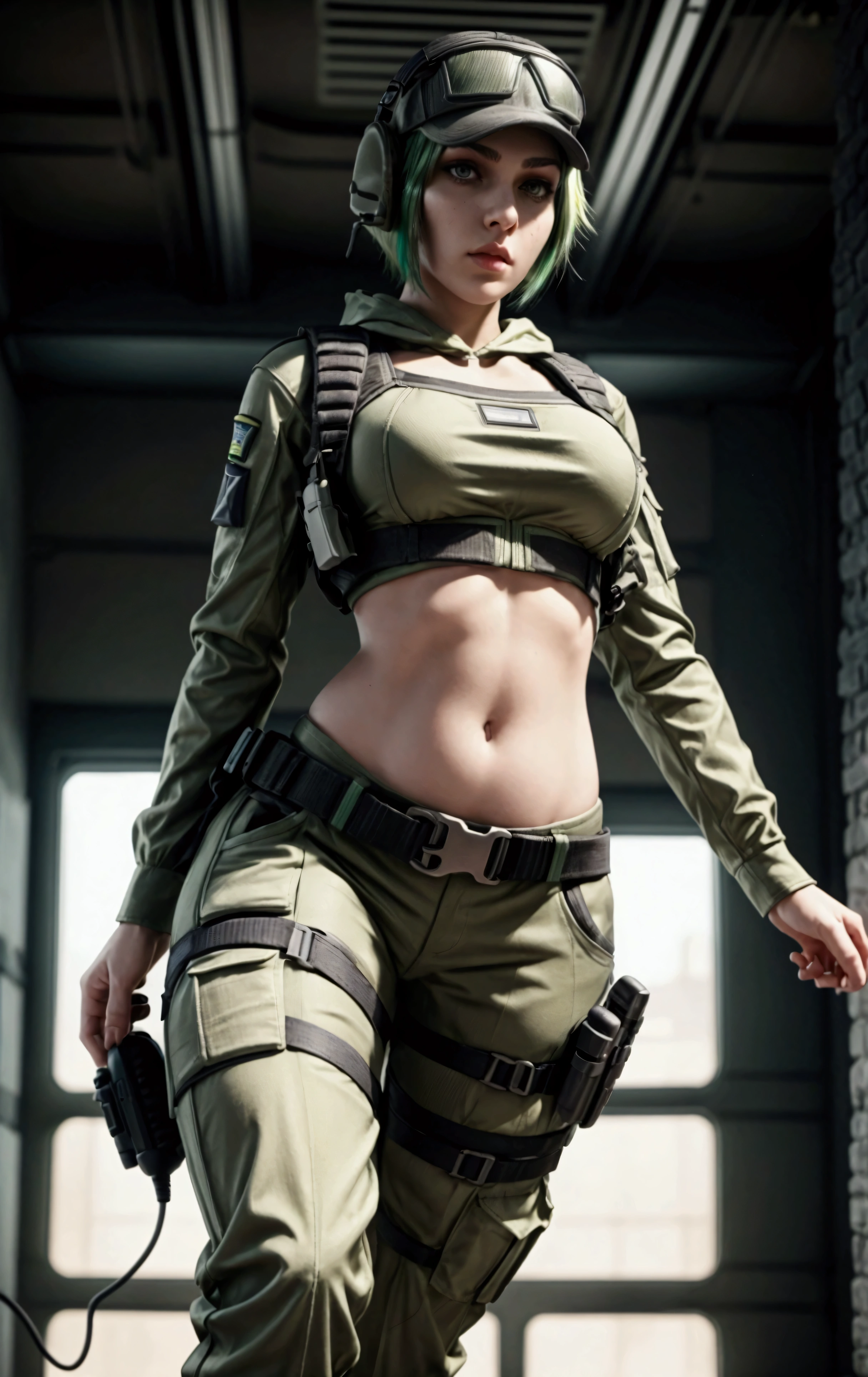 ela rainbow six siege, green short hair, cap, tactical headphones, belts, straps, open belly, tight cloth, sexy pose, pockets on the cloth, thin narrow waist, 4 size breasts, yoga military pants