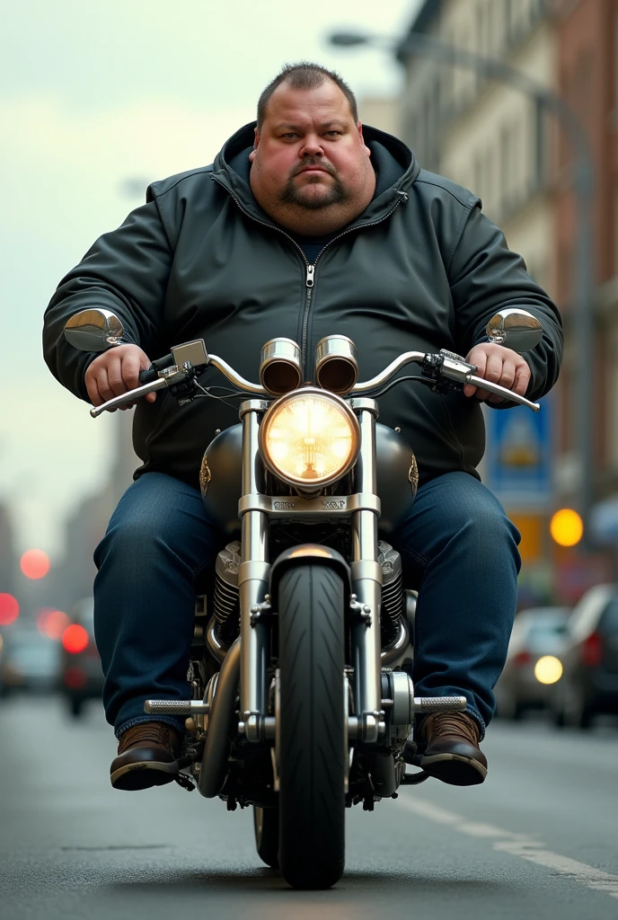 Naked hairy fat man showing his penis on a motorcycle
