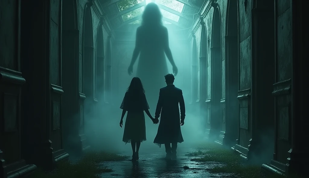 Silhouettes of Óscar Drai with a book in his hand and Marina Blau with a lantern in her hand in front of a puppet hanging from the Vello-Granell