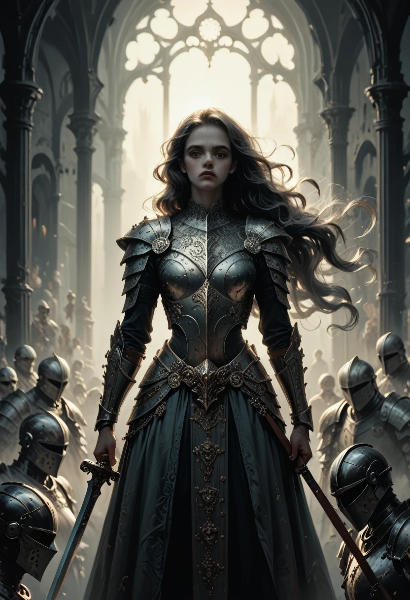 A heavily armored female knight, detailed metallic armor, intricate details, ornate decorations, fierce expression, long flowing hair, holding a sword, standing in a dark fantasy landscape, moody lighting, dramatic atmosphere, cinematic composition, muted color palette, digital art, concept art style