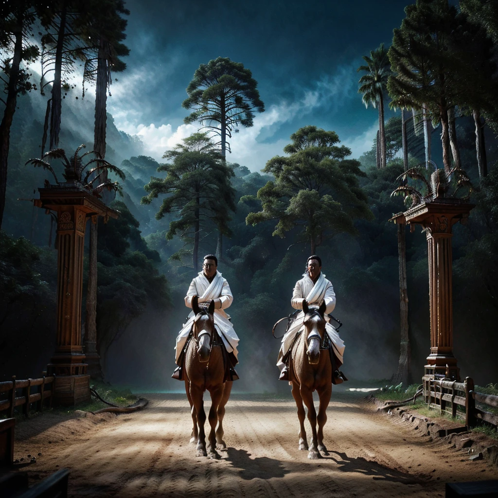 three brahmin in white robe riding horses, rigid looks on their faces, dark and terror forest, (best quality,4k,8k,highres,masterpiece:1.2),ultra-detailed,(realistic,photorealistic,photo-realistic:1.37), hyperrealistic, dramatic lighting, cinematic composition, epic scale