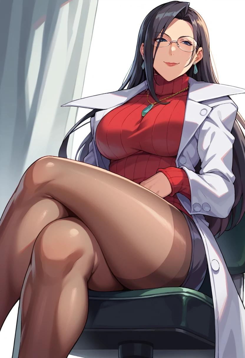 score_9, score_8_up, score_7_up, score_6_up, source_anime, BREAK 1girl, solo,seductive smile,mkyouko, black hair, glasses, earrings, necklace, labcoat, red sweater, turtleneck, black miniskirt, pantyhose, big breasts, school,infirmary,chair,sitting, crossed legs,from below